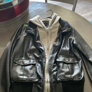 Leather jacket with grey zip up hoodie lining